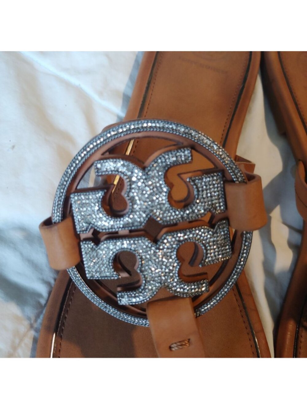 Tory Burch Miller Crystal Logo Sandals Leather Thong Rhinestone Medallion 11 - Picture 4 of 13